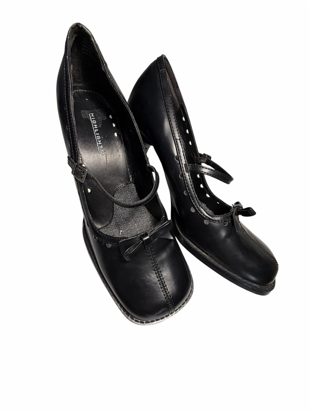 Highlights Square Toe Black Leather Mary Jane Heels with Bow Accent Sz 8